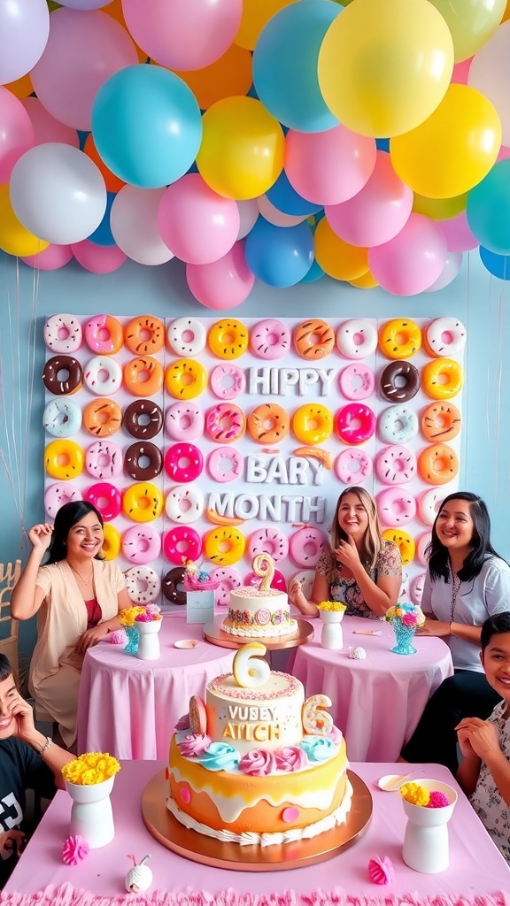 Donut-Themed 6-Month Celebration Party A festive donut-themed party with a donut wall, colorful decorations, and happy guests.